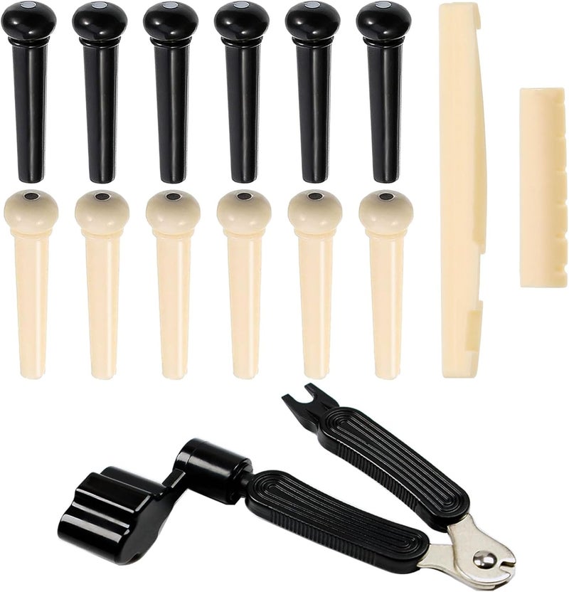 Junlego 14Pcs Acoustic Guitar Bridge Pins String Pegs Guitar Saddle Nut With 3-In-1 Pin Puller Remover Guitar String Winder And Cutter Guitar Parts Accessories Replacement Tools Kits（white+black） - Image 1